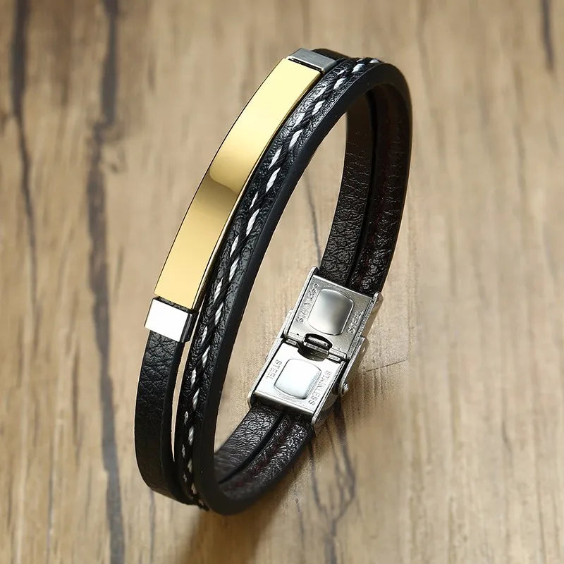 Vnox Unique Sew Lines Genuine Leather Bracelets for Men Women Stainless Steel Bar Layered Bangle Causal Pulseira