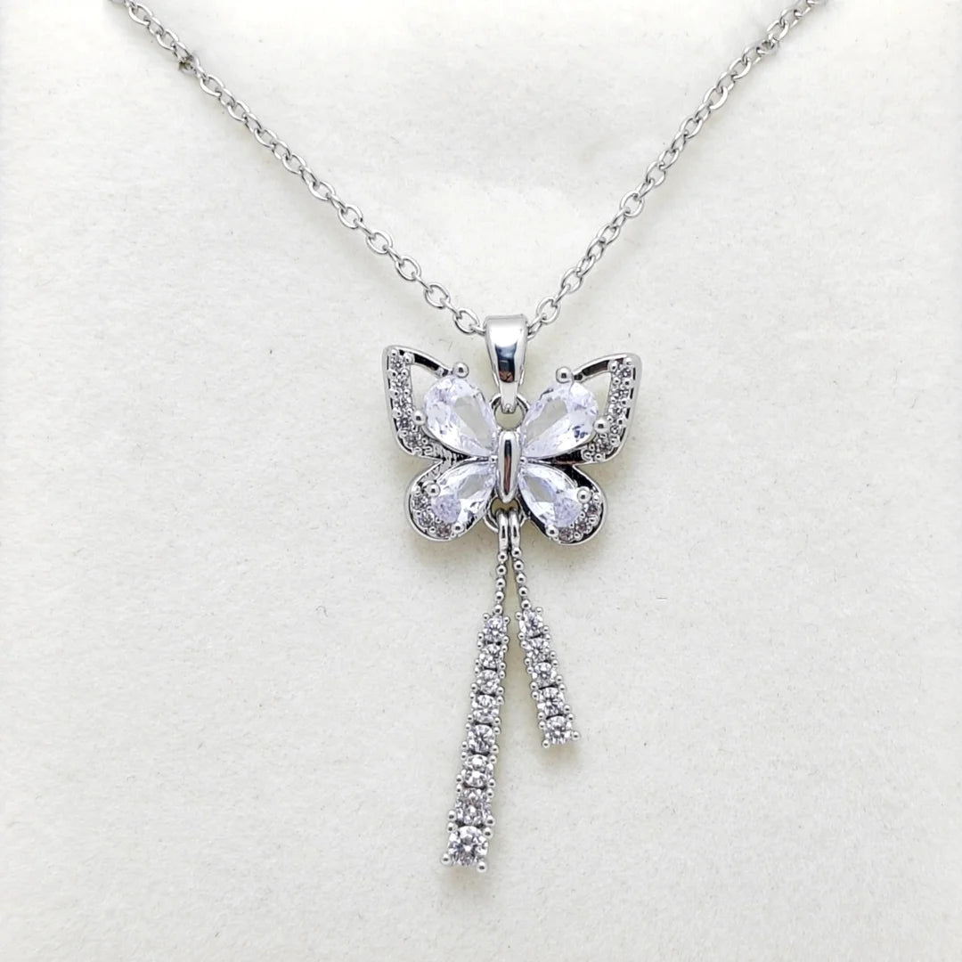Titanium Steel Butterfly Zircon Tassel Necklace