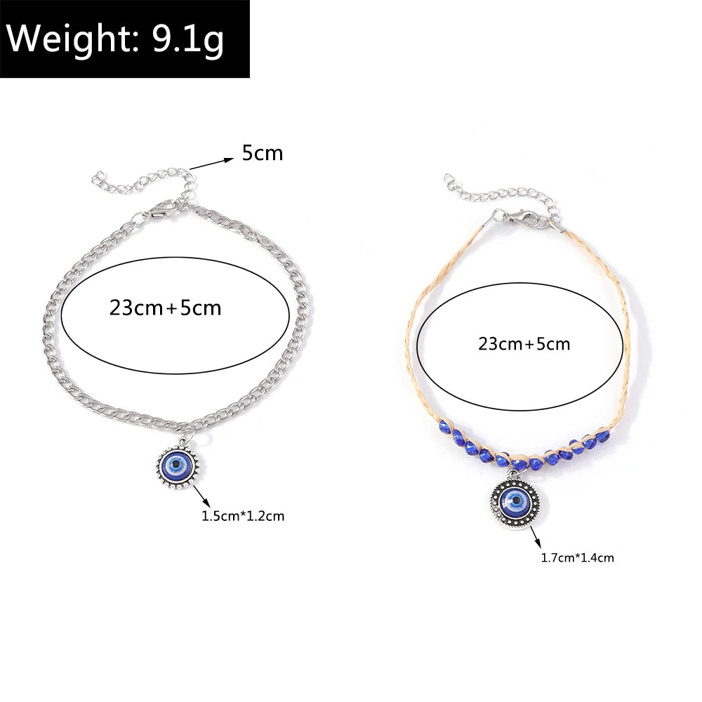 2PCS Boho Blue Evil Eye Anklet Set
