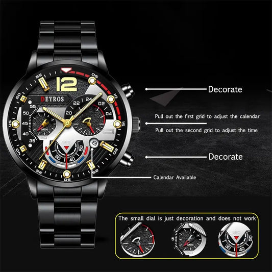 Luxury Men's Sports Quartz Watch, Stainless Steel, Luminous