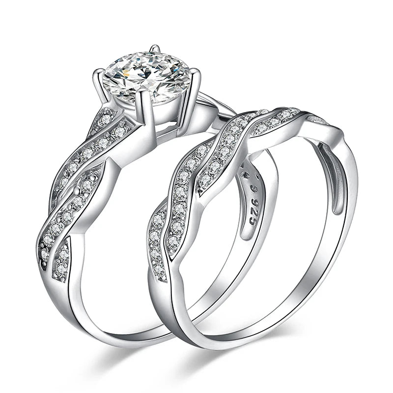 Elegant 2-Piece 925 Sterling Silver CZ Engagement Ring Set