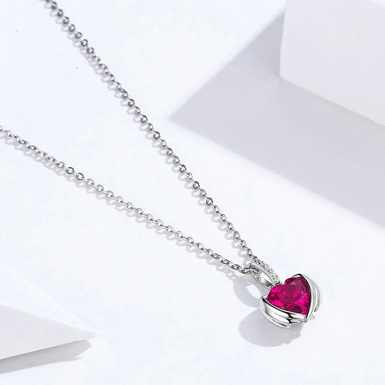 Bamoer Red Heart Wing Pendant Necklace 925 Silver