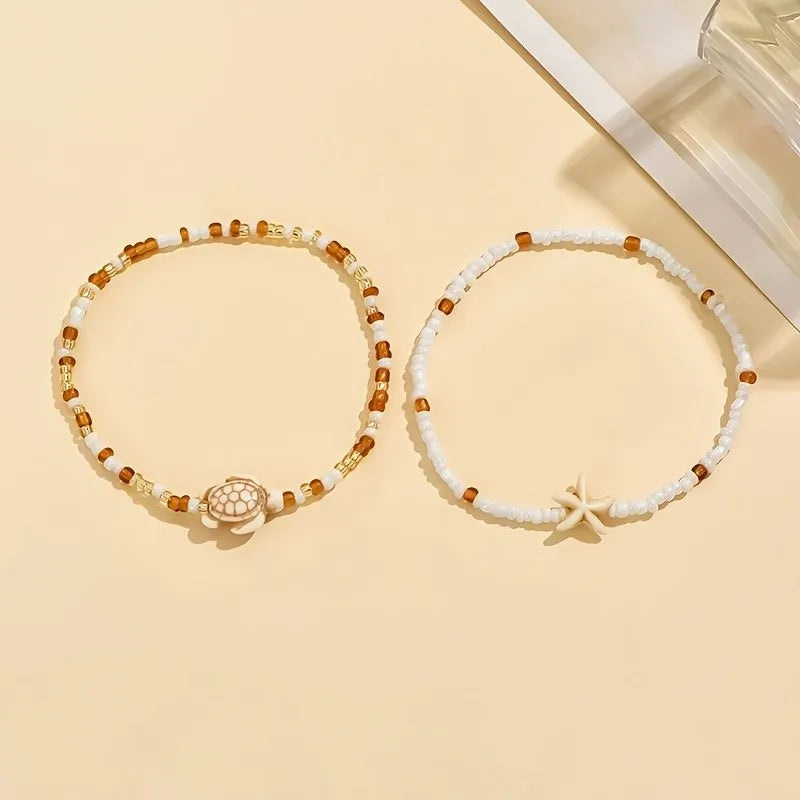 2PCS Brown Starfish & Turtle Anklet, Beach Theme
