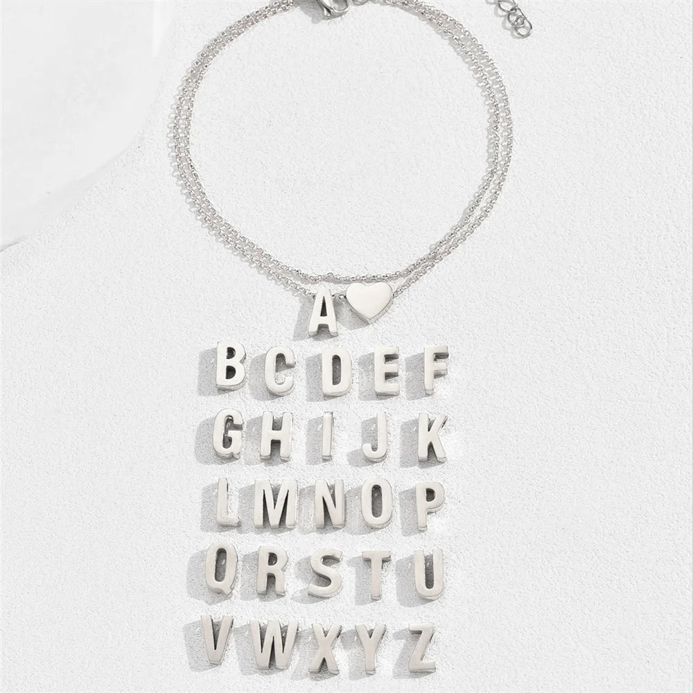 A-Z Letter Anklet, Stainless Steel, Heart Charm