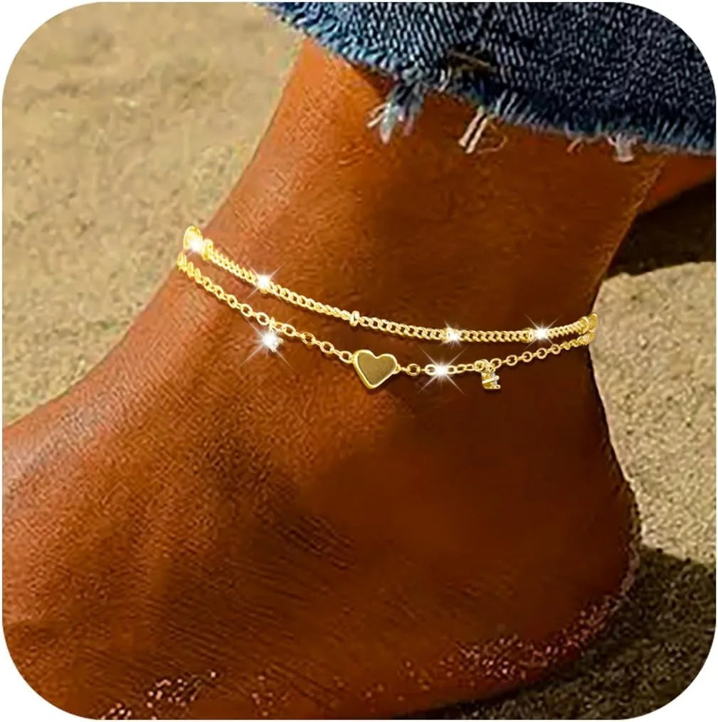 925 Silver CZ Heart Layer Anklet, Waterproof