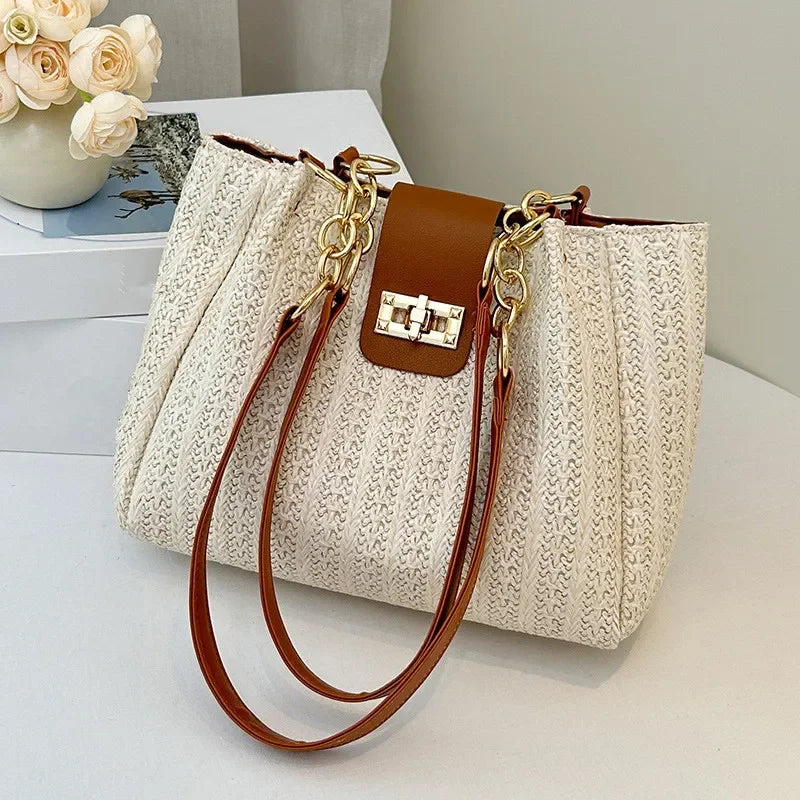 Chic Straw Woven Tote with Chain Leather Strap