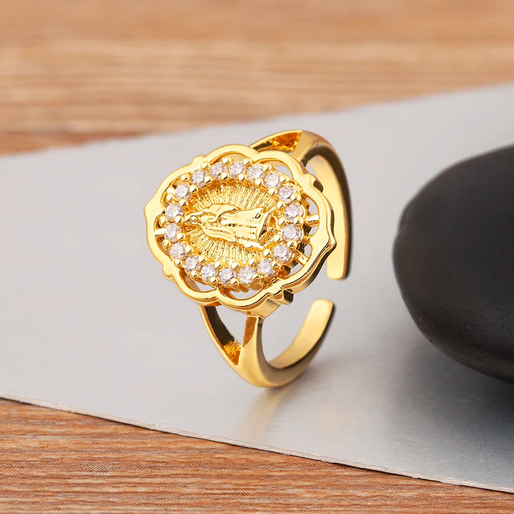 "Retro Virgin Mary Zircon Ring – Adjustable Unisex Jewelry"