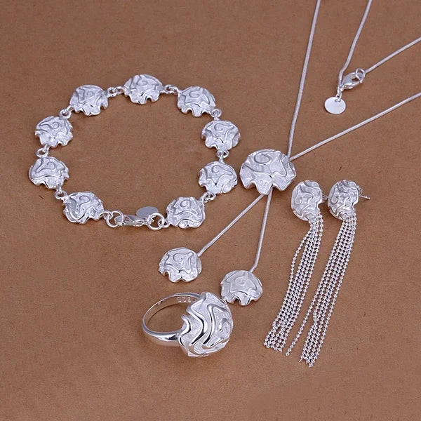 Hot wedding noble elegant roses flower ring necklaces bracelets bead chain Stud Earrings 925 Sterling Silver jewelry sets S323