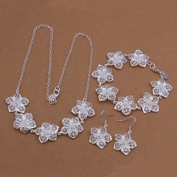 925 Sterling Silver Necklace Bracelets Earrings Set for Women Lady Wedding Jewelry Elegance Flower Fashion 45CM and 20CM