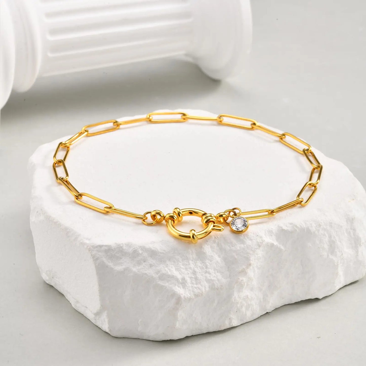 Stainless Steel Paperclip Zircon Anklet, Waterproof