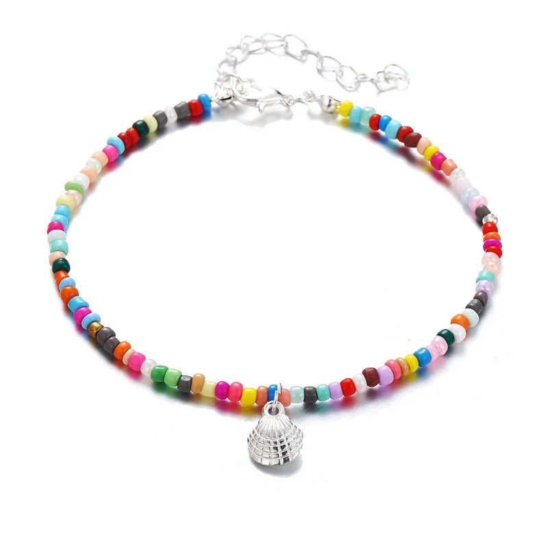 Rainbow Beads Shell Anklet, Gold & Silve