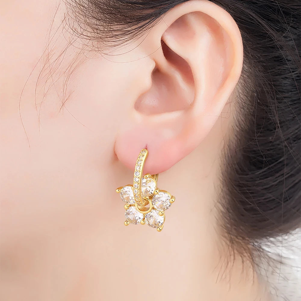 Nidin Korea Popular Flower Shape Inlaid Shiny Crystal Zircon Drop Earrings For Women Girl Sweet Style Ear Jewelry Birthday Gifts