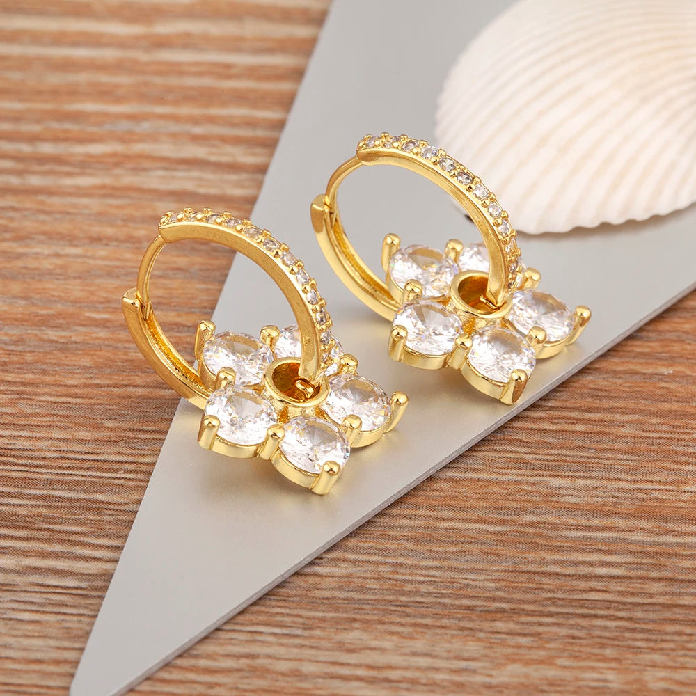 Nidin Korea Popular Flower Shape Inlaid Shiny Crystal Zircon Drop Earrings For Women Girl Sweet Style Ear Jewelry Birthday Gifts