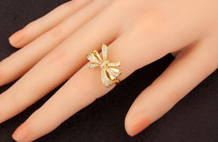 "Retro Bow Zircon Ring – Adjustable Women’s Jewelry Gift