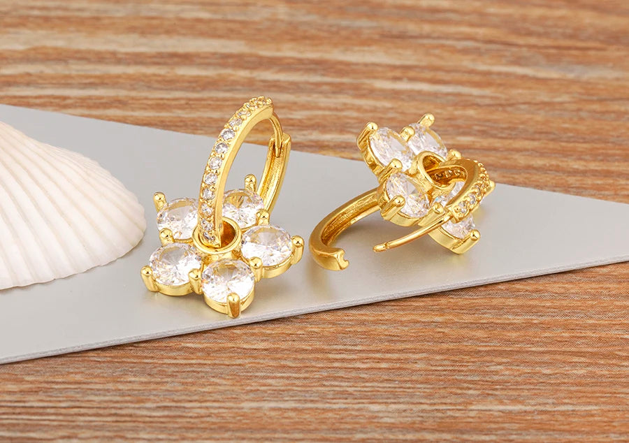 Nidin Korea Popular Flower Shape Inlaid Shiny Crystal Zircon Drop Earrings For Women Girl Sweet Style Ear Jewelry Birthday Gifts
