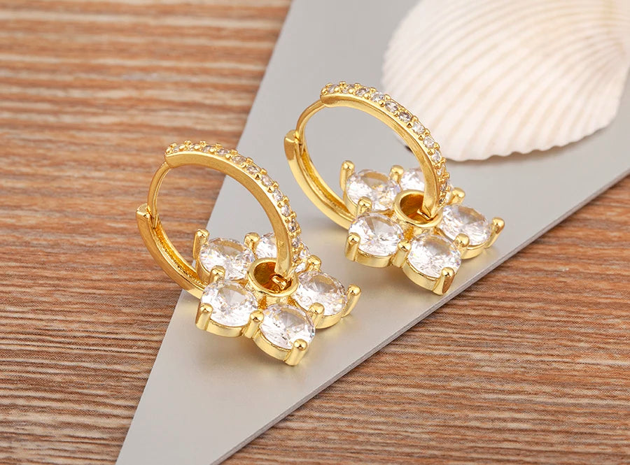 Nidin Korea Popular Flower Shape Inlaid Shiny Crystal Zircon Drop Earrings For Women Girl Sweet Style Ear Jewelry Birthday Gifts