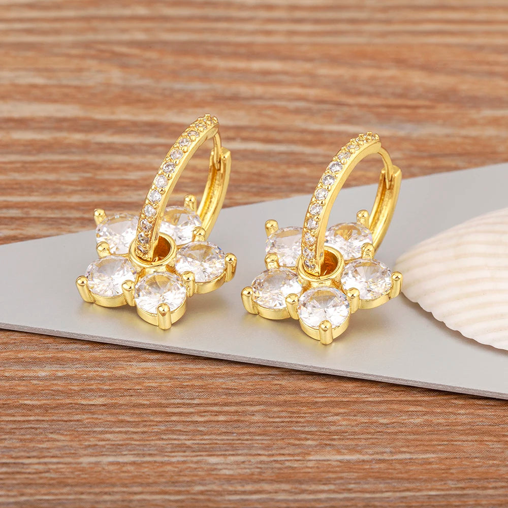 Nidin Korea Popular Flower Shape Inlaid Shiny Crystal Zircon Drop Earrings For Women Girl Sweet Style Ear Jewelry Birthday Gifts