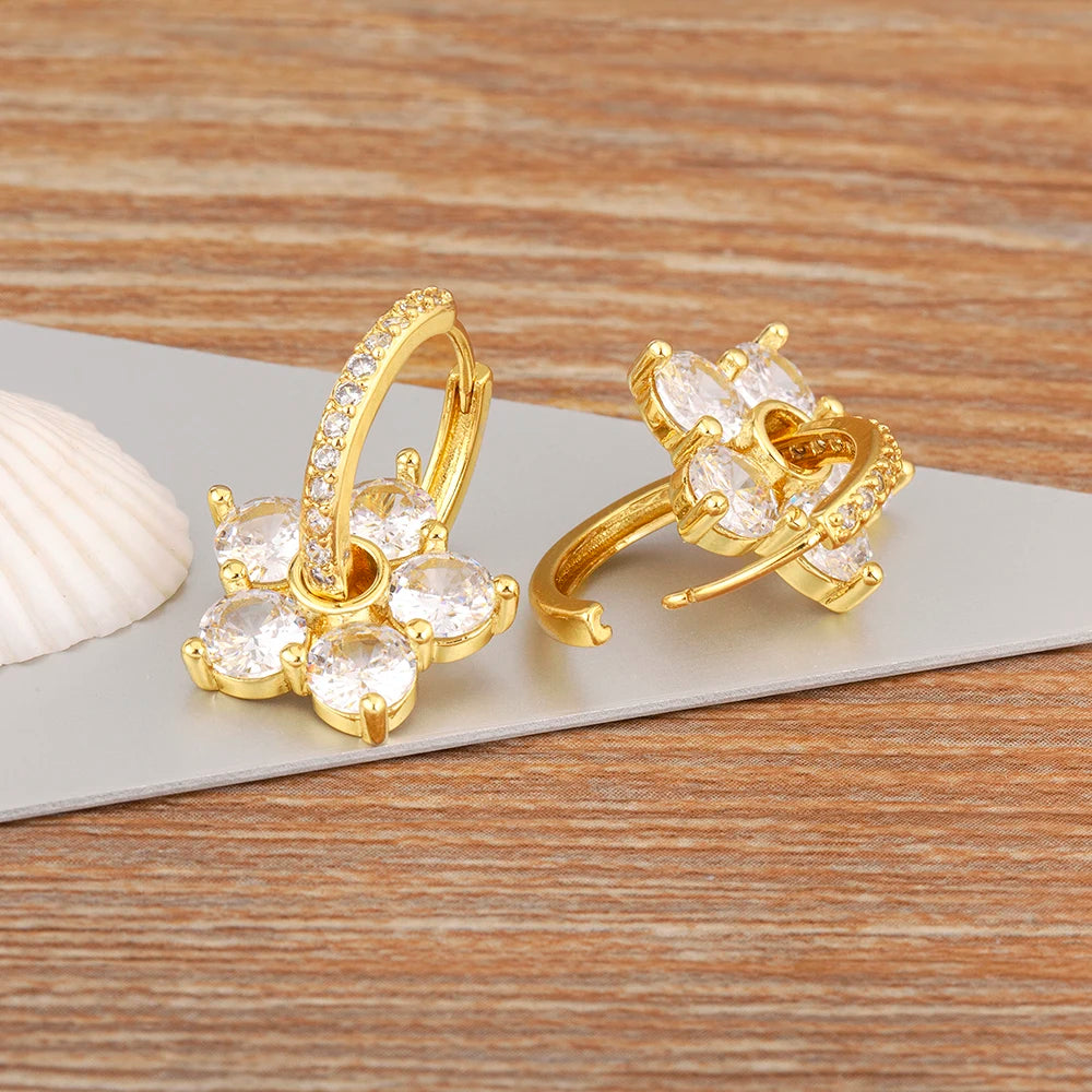 Nidin Korea Popular Flower Shape Inlaid Shiny Crystal Zircon Drop Earrings For Women Girl Sweet Style Ear Jewelry Birthday Gifts