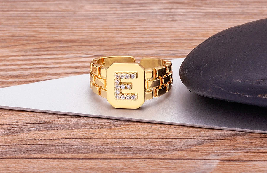 "Gold Initial A–Z Zircon Ring – Adjustable Women’s Jewelry