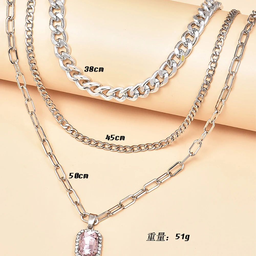 Silver Multi-layer Chain Necklace with Crystal Pendan