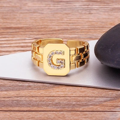 "Gold Initial A–Z Zircon Ring – Adjustable Women’s Jewelry