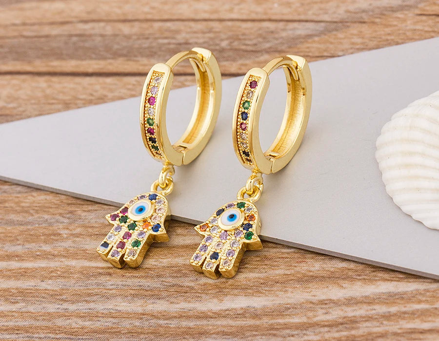 Charm Rainbow Copper Zircon Drop Earrings Fashion Palm Shape Pendant Earrings Crystal Jewelry Best New Year Gifts For Women