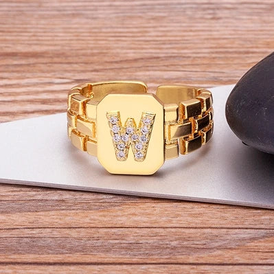 "Gold Initial A–Z Zircon Ring – Adjustable Women’s Jewelry