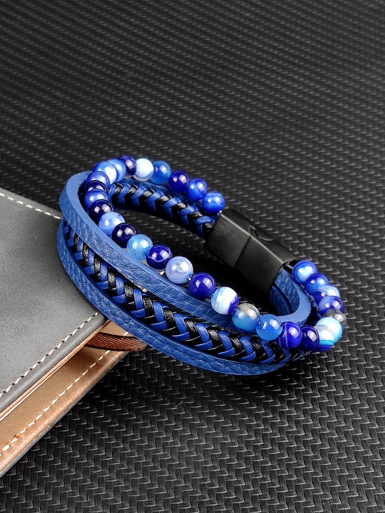 “Blue Stone & Leather Braided Bracelet”