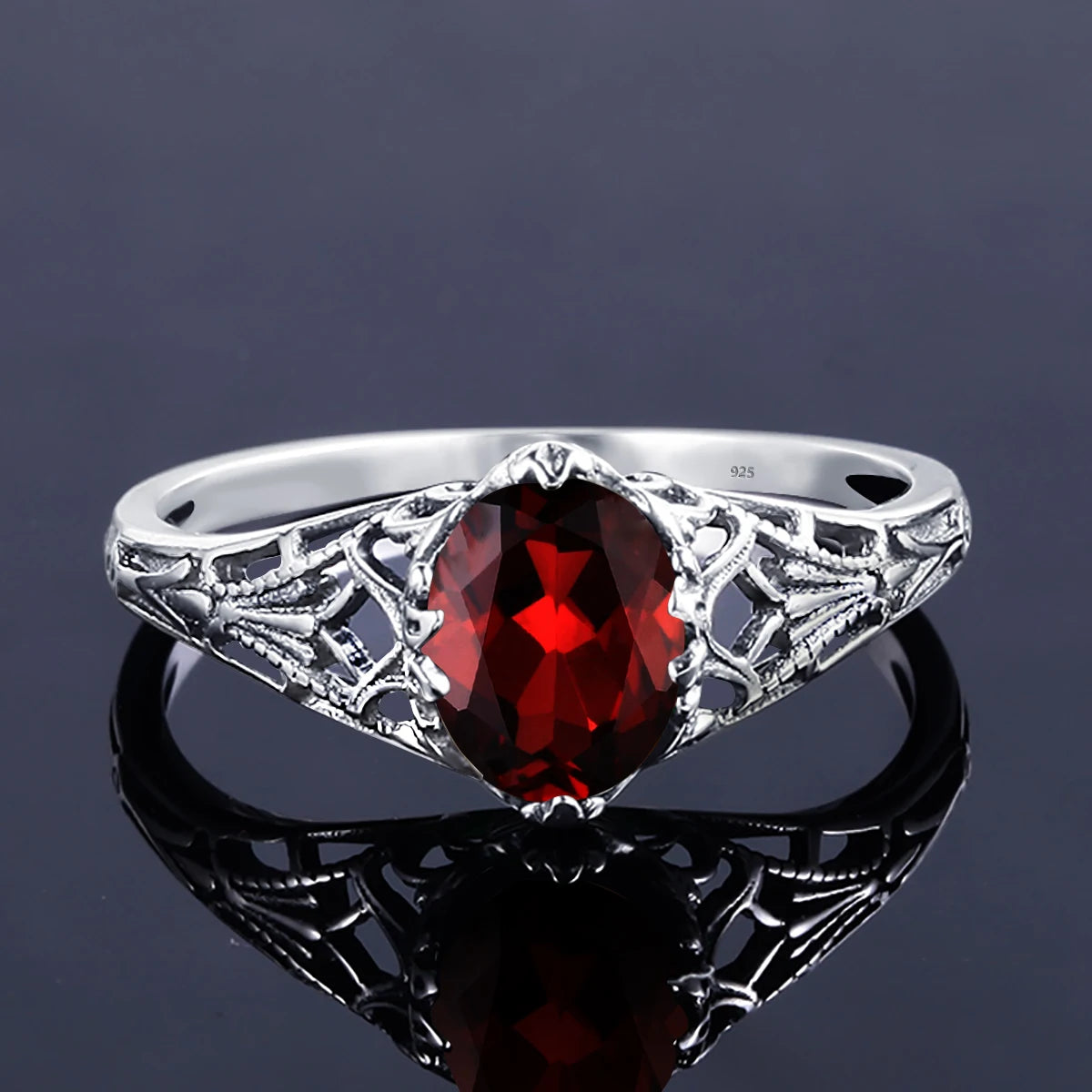 Real 925 Sterling Silver Oval Red Garnet Ring