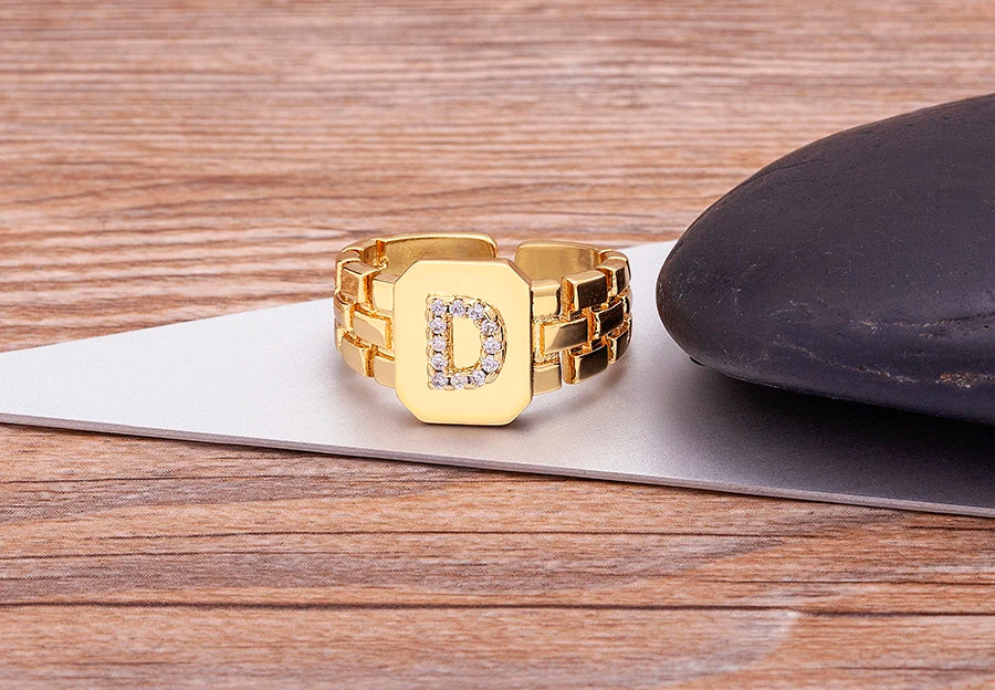 "Gold Initial A–Z Zircon Ring – Adjustable Women’s Jewelry