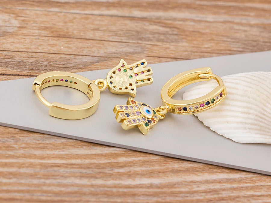 Charm Rainbow Copper Zircon Drop Earrings Fashion Palm Shape Pendant Earrings Crystal Jewelry Best New Year Gifts For Women