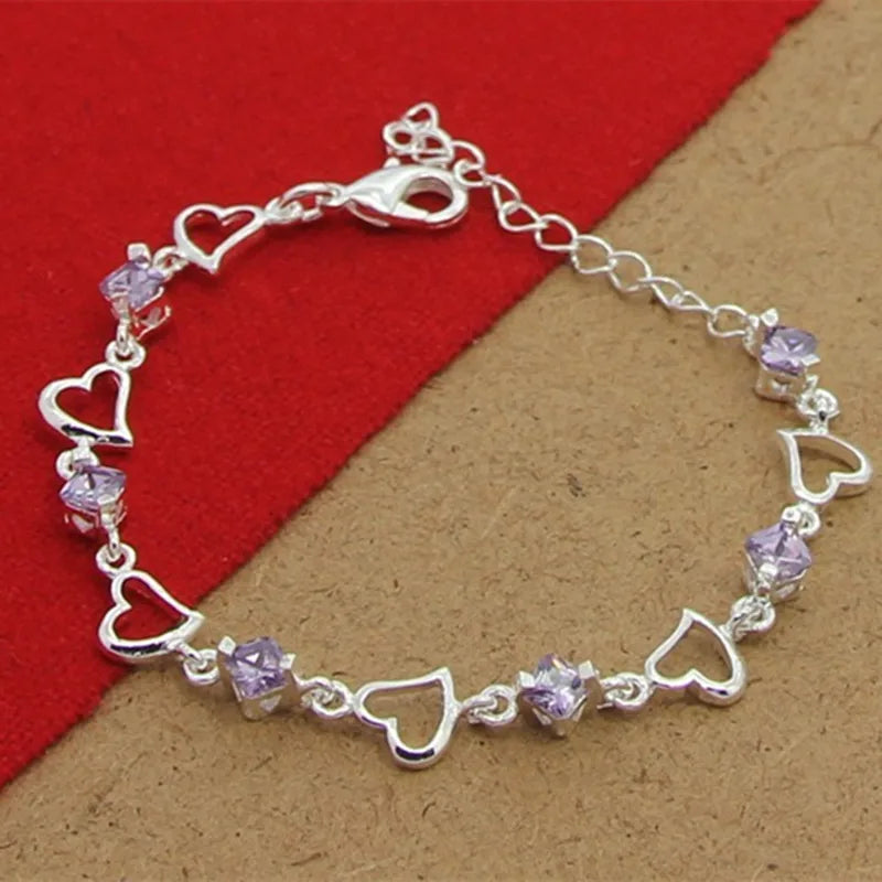 “925 Silver Heart Purple Crystal Bracelet”