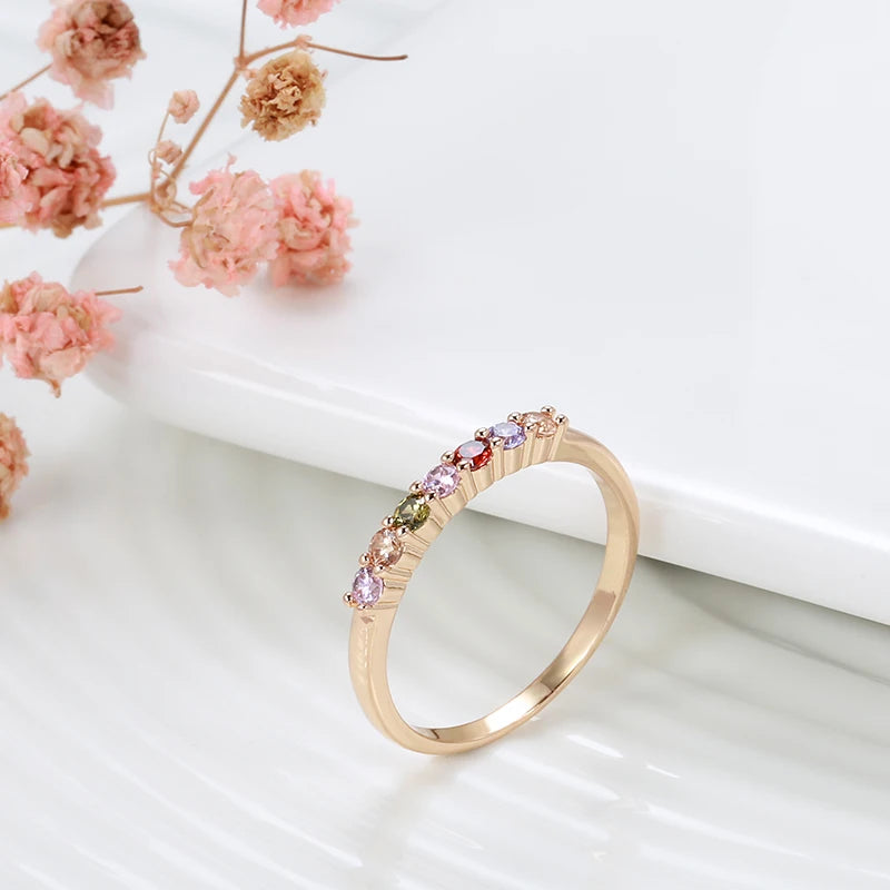 “Kinel 585 Rose Gold Rainbow Zircon Ring