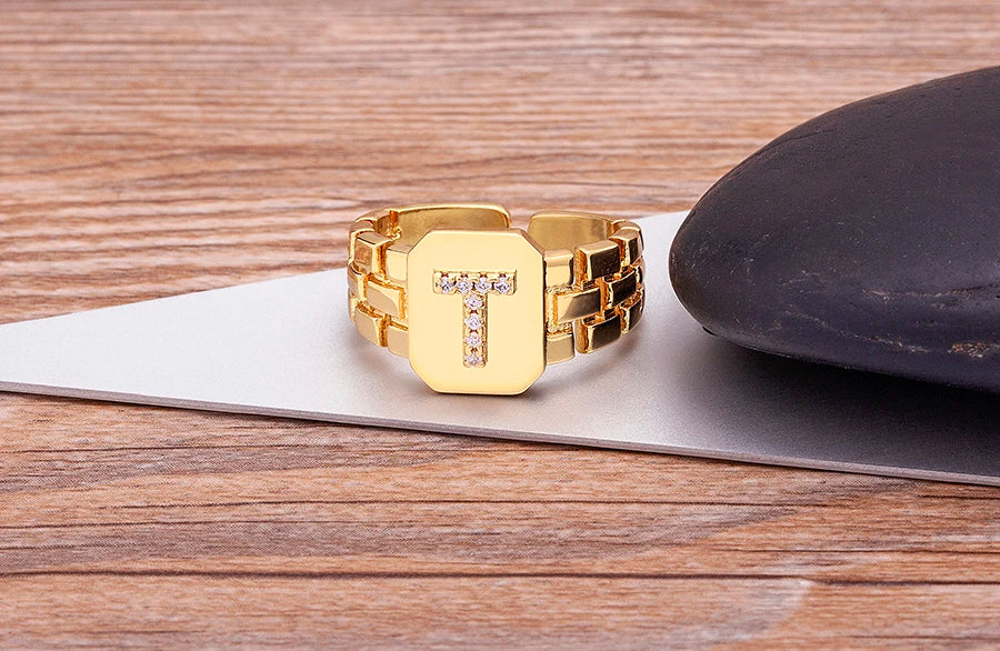 "Gold Initial A–Z Zircon Ring – Adjustable Women’s Jewelry