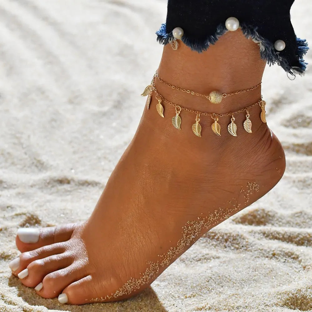 3PCS Gold Simple Chain Anklet Set, Beach Jewelry