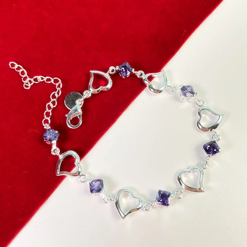 “925 Silver Heart Purple Crystal Bracelet”