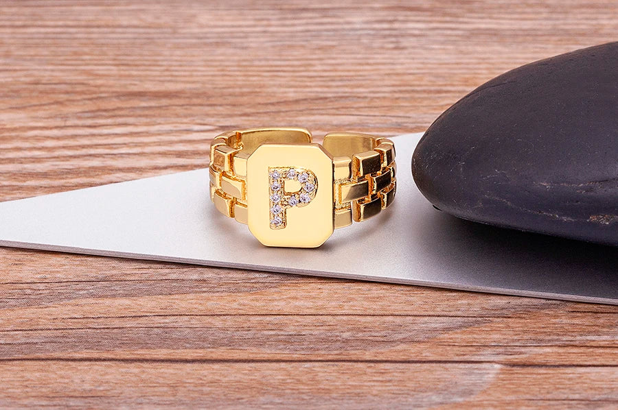 "Gold Initial A–Z Zircon Ring – Adjustable Women’s Jewelry