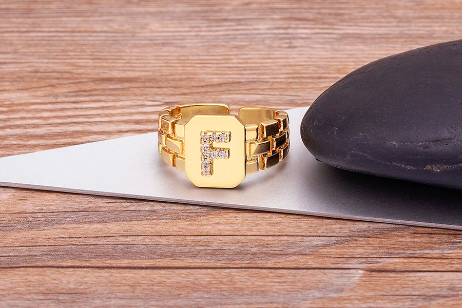 "Gold Initial A–Z Zircon Ring – Adjustable Women’s Jewelry