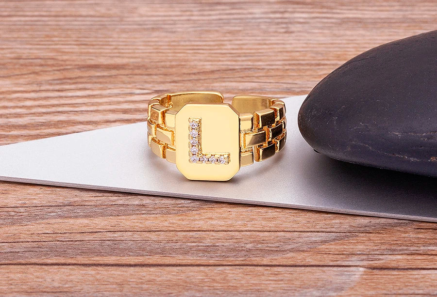 "Gold Initial A–Z Zircon Ring – Adjustable Women’s Jewelry