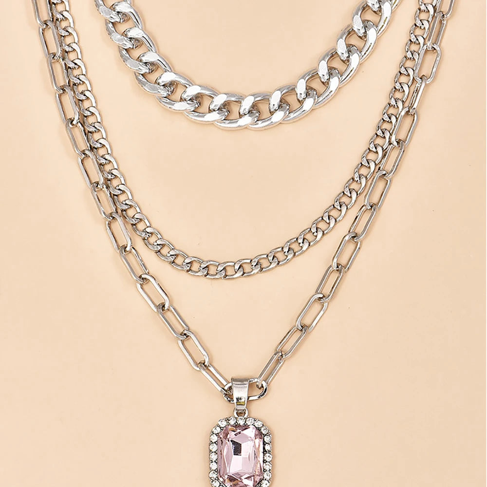 Silver Multi-layer Chain Necklace with Crystal Pendan