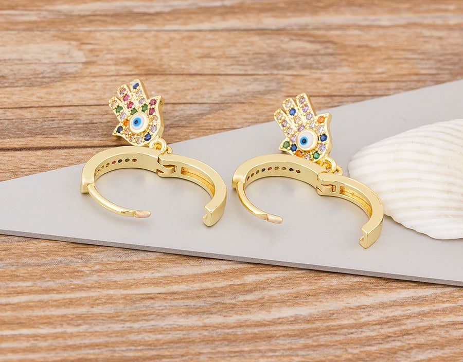 Charm Rainbow Copper Zircon Drop Earrings Fashion Palm Shape Pendant Earrings Crystal Jewelry Best New Year Gifts For Women