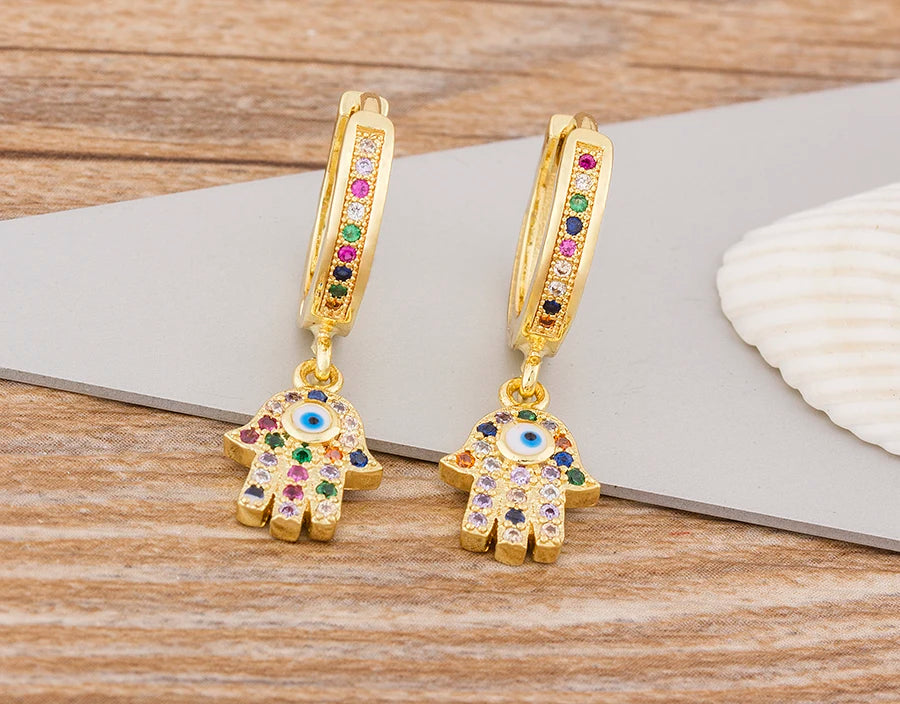 Charm Rainbow Copper Zircon Drop Earrings Fashion Palm Shape Pendant Earrings Crystal Jewelry Best New Year Gifts For Women