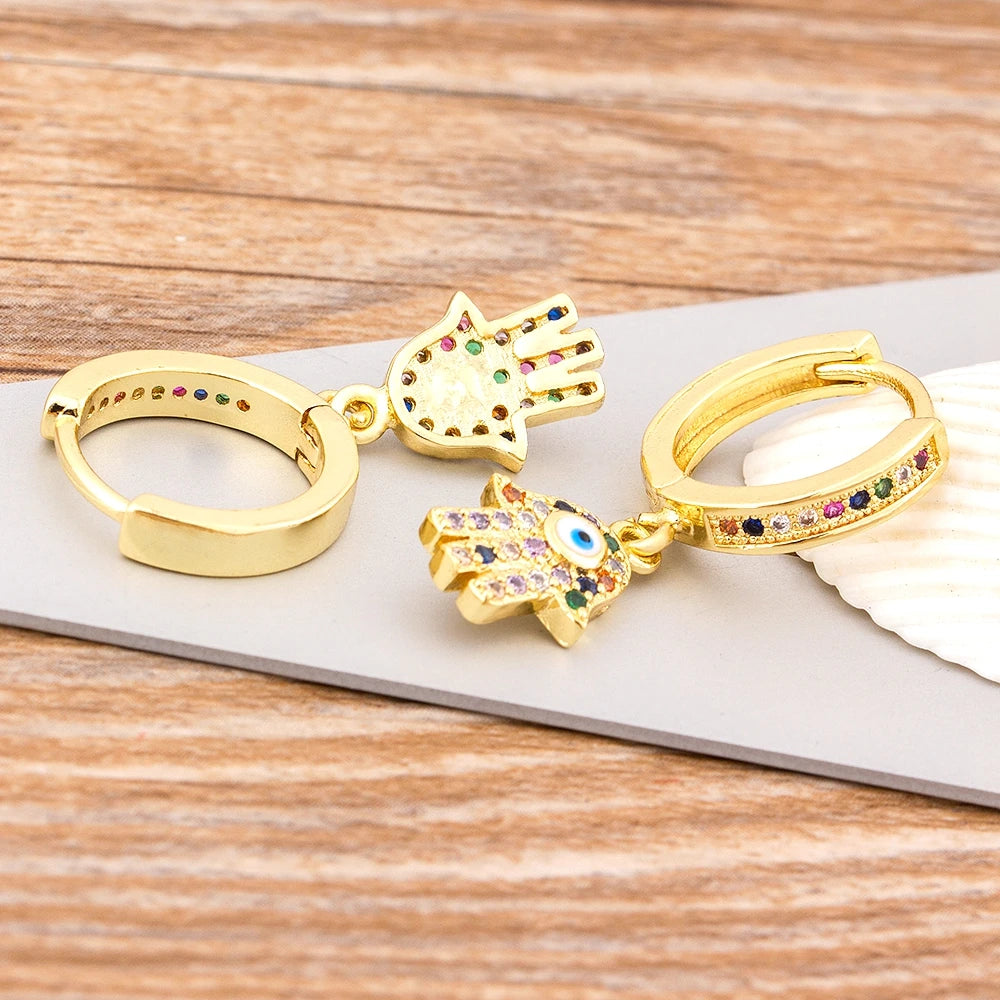 Charm Rainbow Copper Zircon Drop Earrings Fashion Palm Shape Pendant Earrings Crystal Jewelry Best New Year Gifts For Women