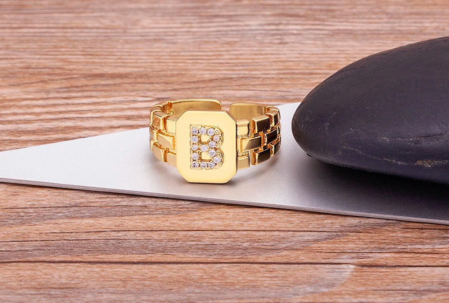 "Gold Initial A–Z Zircon Ring – Adjustable Women’s Jewelry