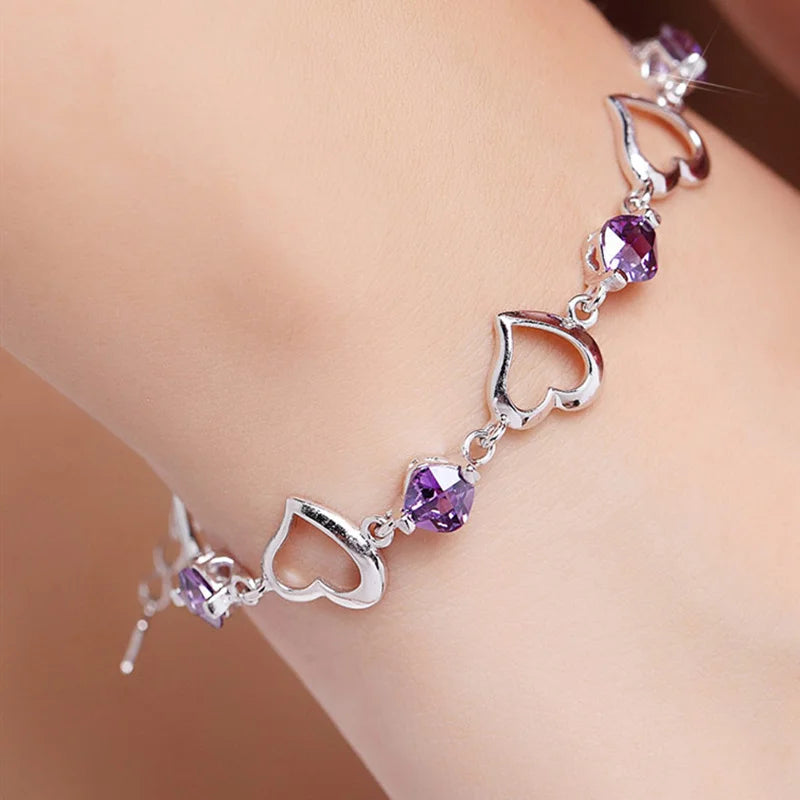 “925 Silver Heart Purple Crystal Bracelet”