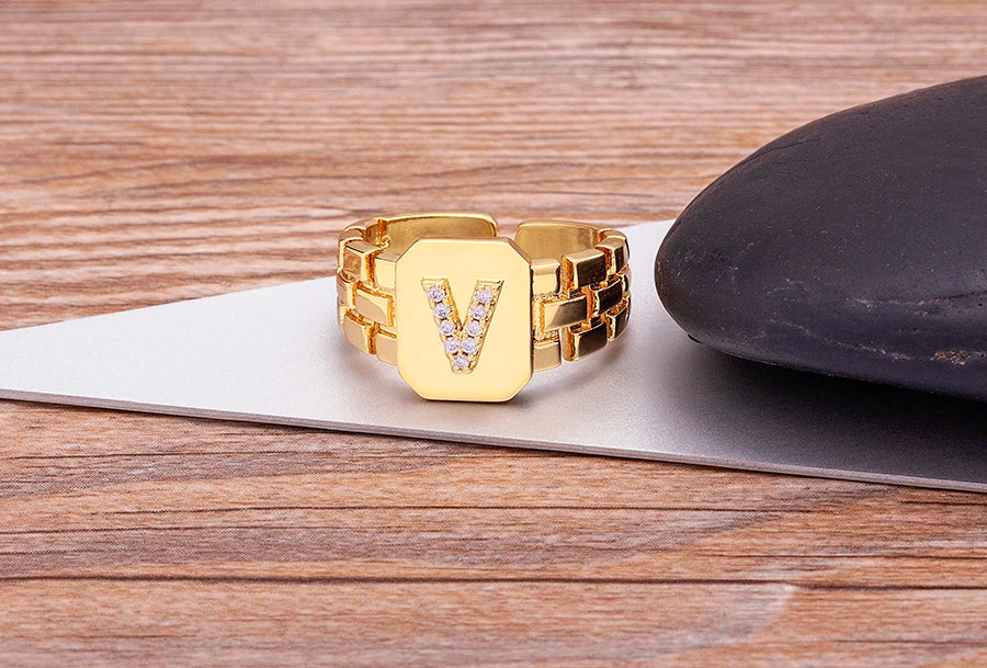 "Gold Initial A–Z Zircon Ring – Adjustable Women’s Jewelry