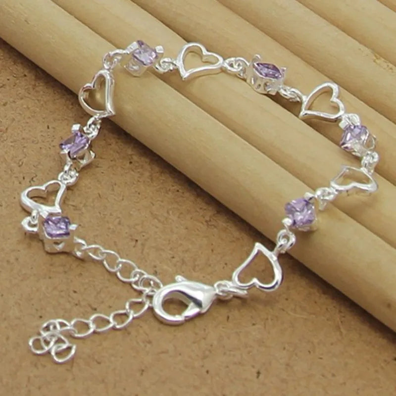 “925 Silver Heart Purple Crystal Bracelet”