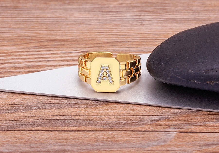 "Gold Initial A–Z Zircon Ring – Adjustable Women’s Jewelry