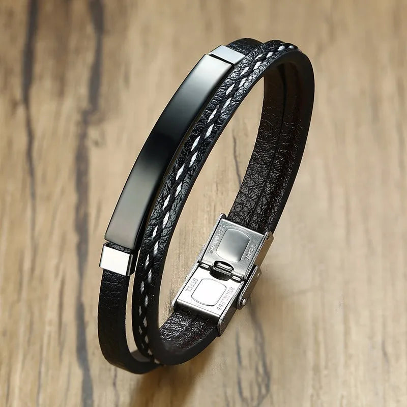 Vnox Unique Sew Lines Genuine Leather Bracelets for Men Women Stainless Steel Bar Layered Bangle Causal Pulseira
