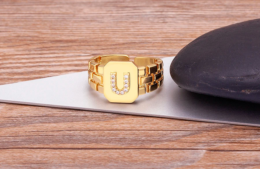 "Gold Initial A–Z Zircon Ring – Adjustable Women’s Jewelry